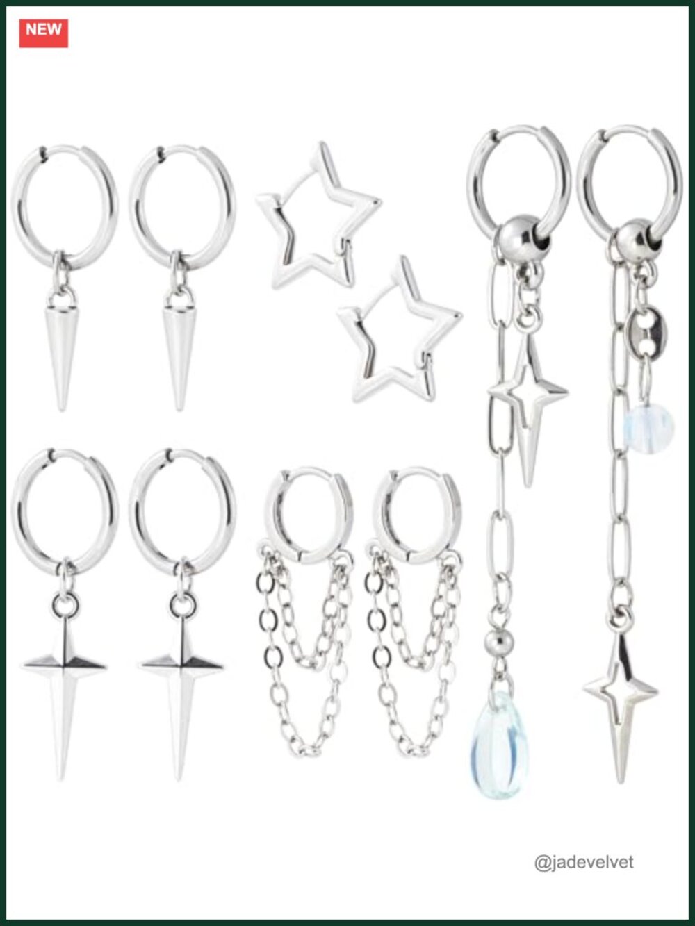 Gothic Hoop Dangle Earrings Silver Alloy 5 Pairs Y2K Emo Punk Set